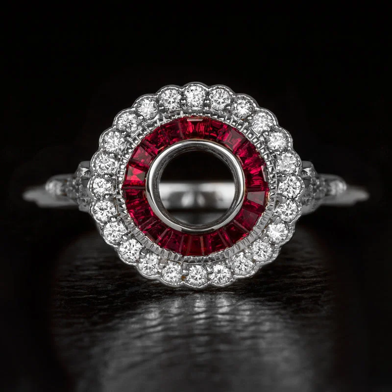 Ladies Engagement Rings Geometric Spark-VINTAGE STYLE DIAMOND SCALLOP HALO RUBY ENGAGEMENT RING SETTING ART DECO ROUND