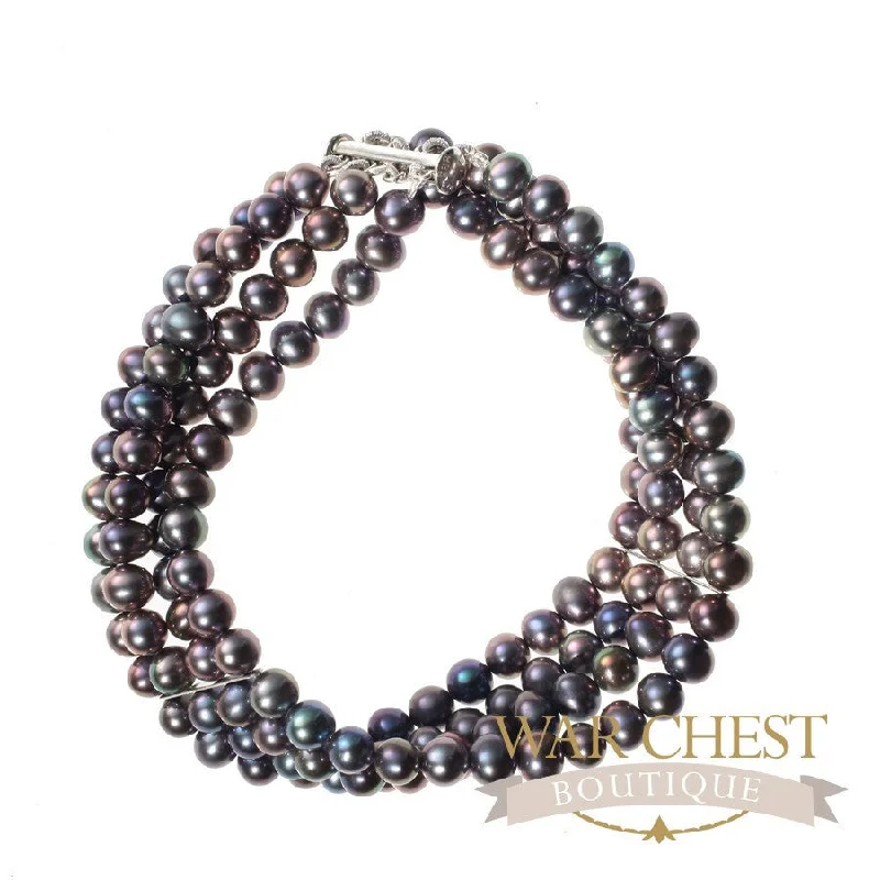 Ladies Bar Link Bracelets -Four Strand Stayed Black Pearl Bracelet