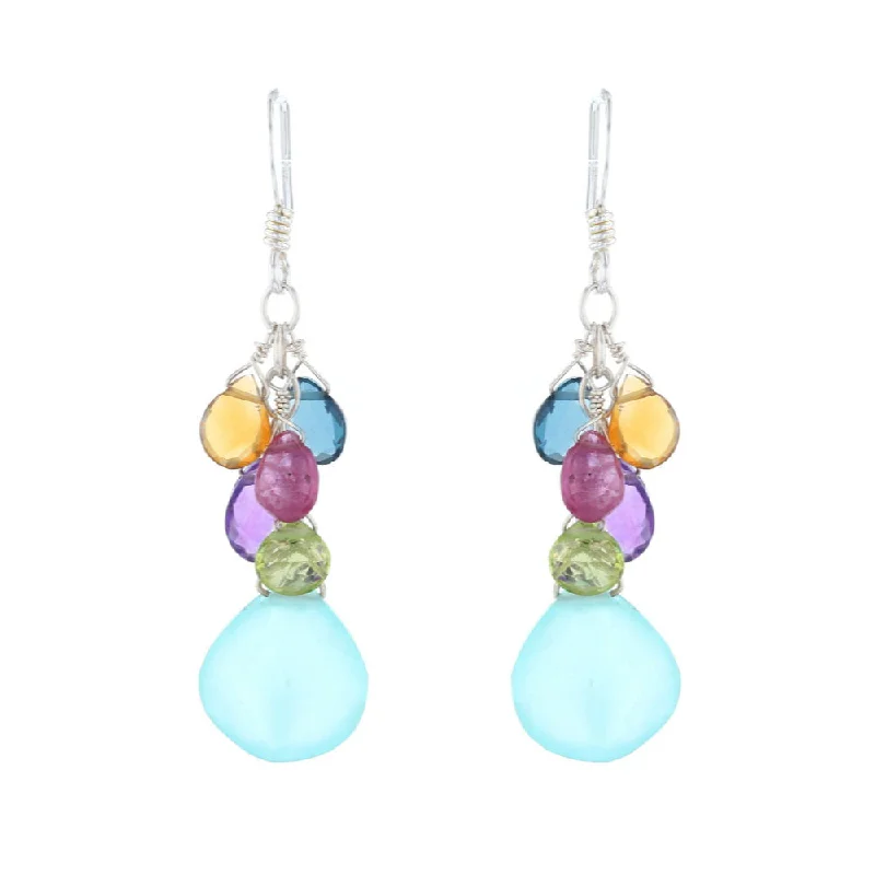 Ladies Earrings with Yellow Heliodor-Briolette Chalcedony Multi-Color Earrings