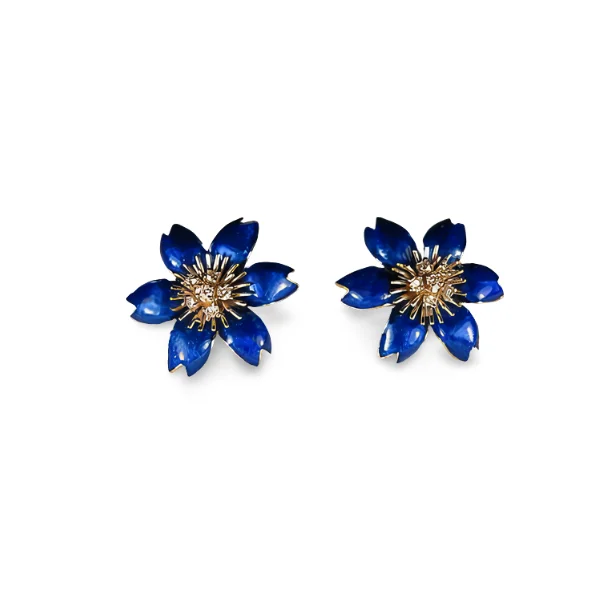 Ladies Earrings with Blue Glaucophane-Magnificnet 18K White Gold Hidalgo Blue Enamel Floral Diamond Jacket Earrings