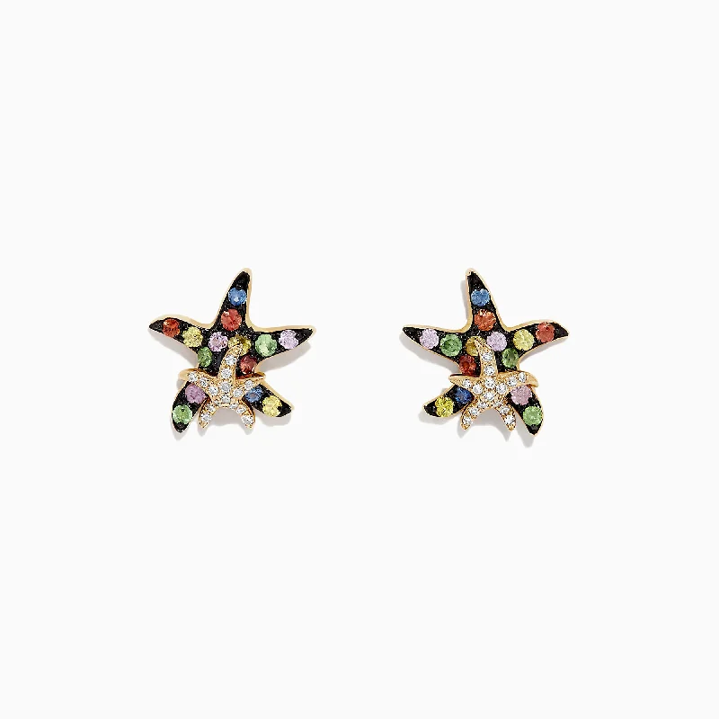 Ladies Earrings with Key Spark-Watercolors 14K Gold Sapphire & Diamond Starfish Stud Earrings, 0.76 TCW