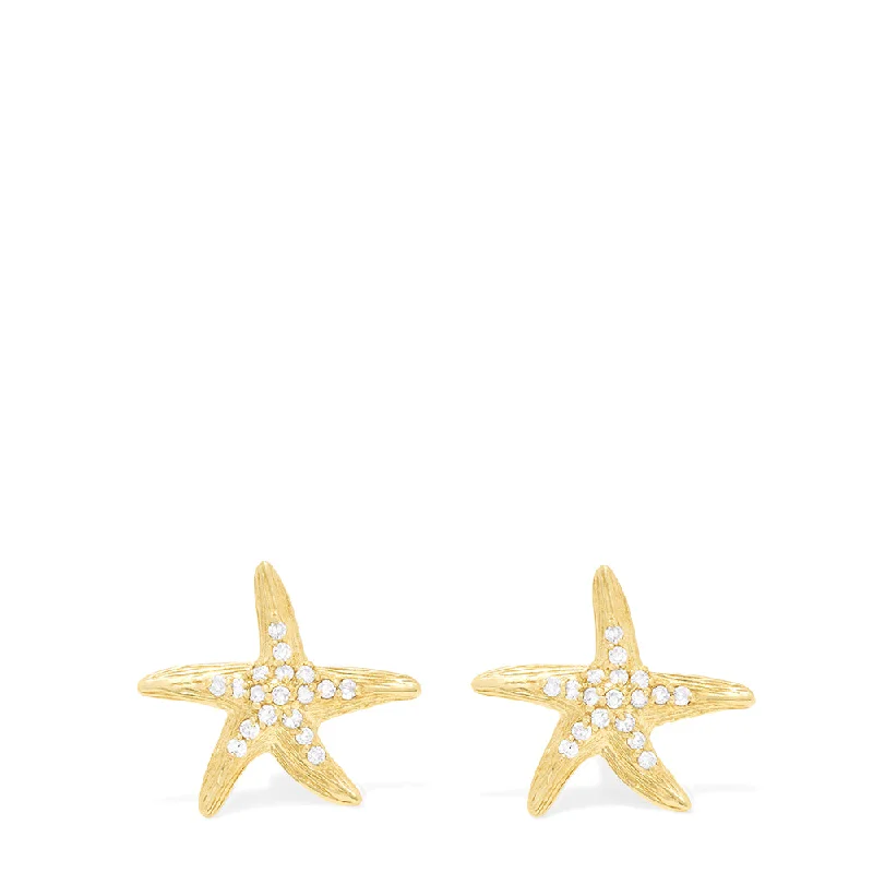 Ladies Earrings with Pink Tourmaline-Seaside 14K Yellow Gold Diamond Starfish Earrings, 0.18 TCW