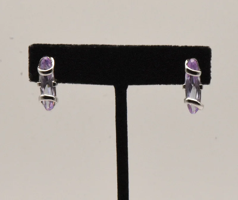 Ladies Earrings with Pink Tourmaline-Bluish Purple Cut Glass Sterling Silver Stud Earrings