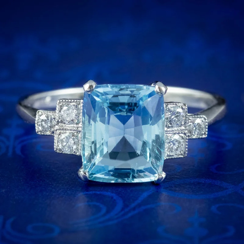 Ladies Statement Rings -Art Deco Style Aquamarine Diamond Ring 2.3ct Aqua