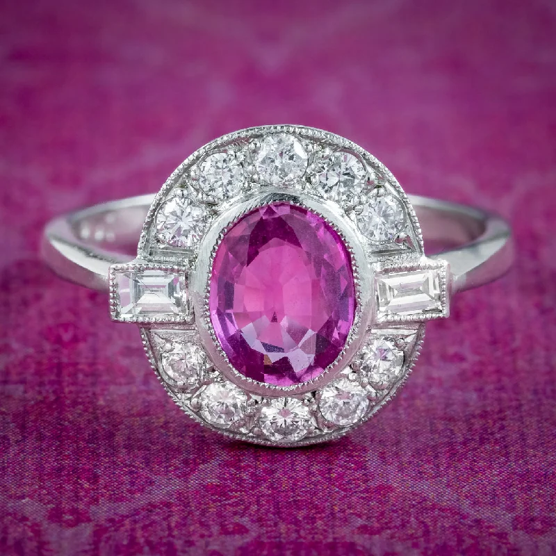 Ladies Loud Rings -Art Deco Style Pink Sapphire Diamond Cluster Ring 1ct Sapphire