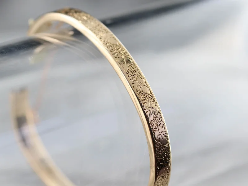 Ladies Woodland Bracelets -Antique Etched Gold Bangle Bracelet