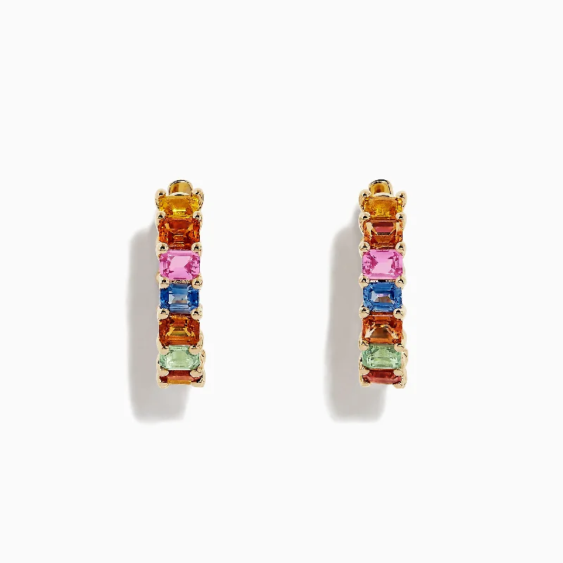 Ladies Earrings Slim Shine-Watercolors 14K Yellow Gold Multi Sapphire Hoop Earrings, 6.42 TCW