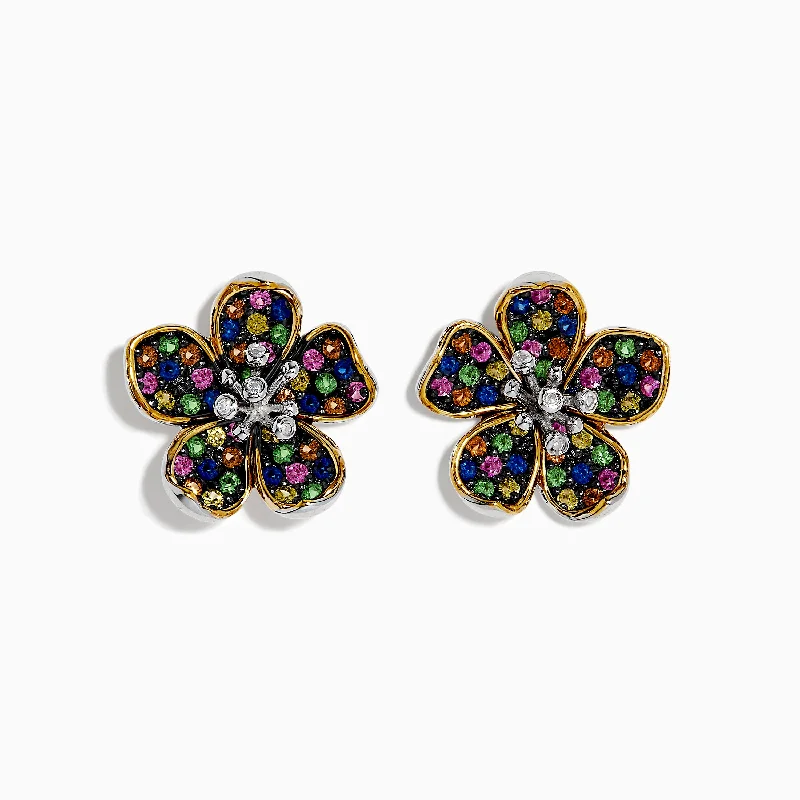 Ladies Earrings with Hex Glow-Splash Sterling Silver Diamond, Sapphires & Tsavorite Flower Earrings