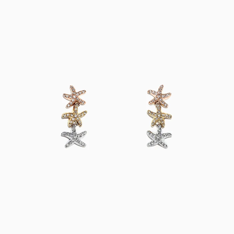 Ladies Earrings Slim Shine-Seaside 14K Tri Color Gold Diamond Starfish Earrings, 0.33 TCW