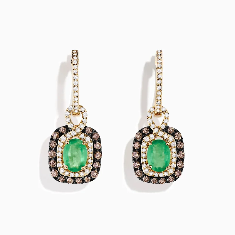 Ladies Earrings with Green Diopside-14k Yellow Gold Brown & White Diamond Halo Emerald Drop Earrings