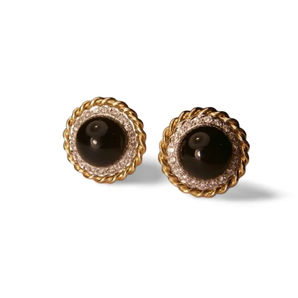 Ladies Earrings with Star Drops-Gorgeous Handmade 14K Yellow Gold Cabochon Onyx Halo Diamond Earrings