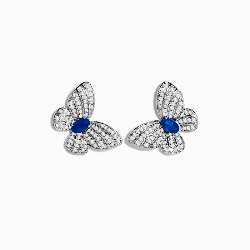 Ladies Earrings with Blue Glaucophane-Nature 14K White Gold Sapphire and Diamond Butterfly Earrings