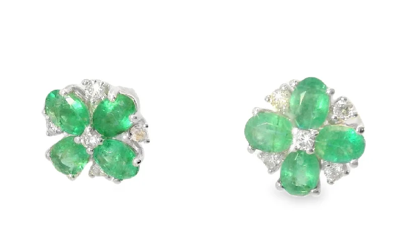 Ladies Earrings for Nurse Shine-Elegant Estate 14K White Gold Emerald Diamond Flower Floral Stud Earrings