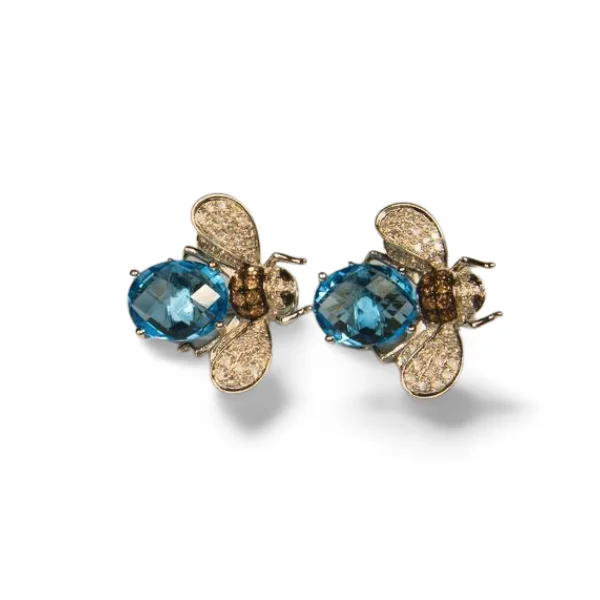 Ladies Earrings with Green Rosasite-Gorgeous 14K White Gold Blue Topaz Bumble Bee Diamond Earrings