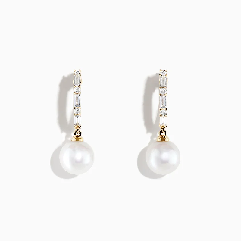 Ladies Earrings Braided Hoops-Pearl 14 Karat Yellow Gold Pearl and Diamond Hoop Earrings