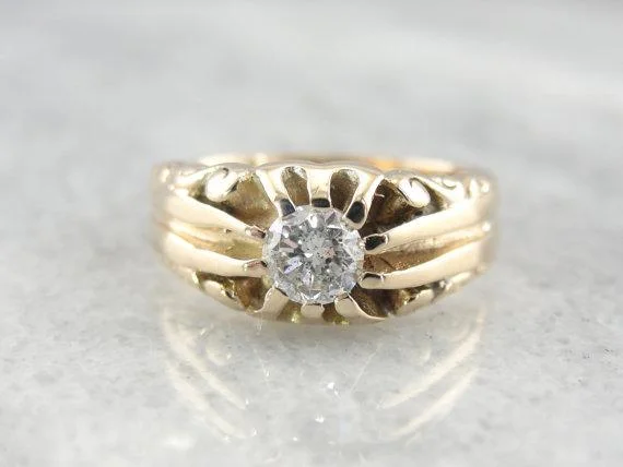 Ladies Engagement Rings Dainty Shine-Victorian Engagement Ring in Fine Yellow Gold with Diamond Center