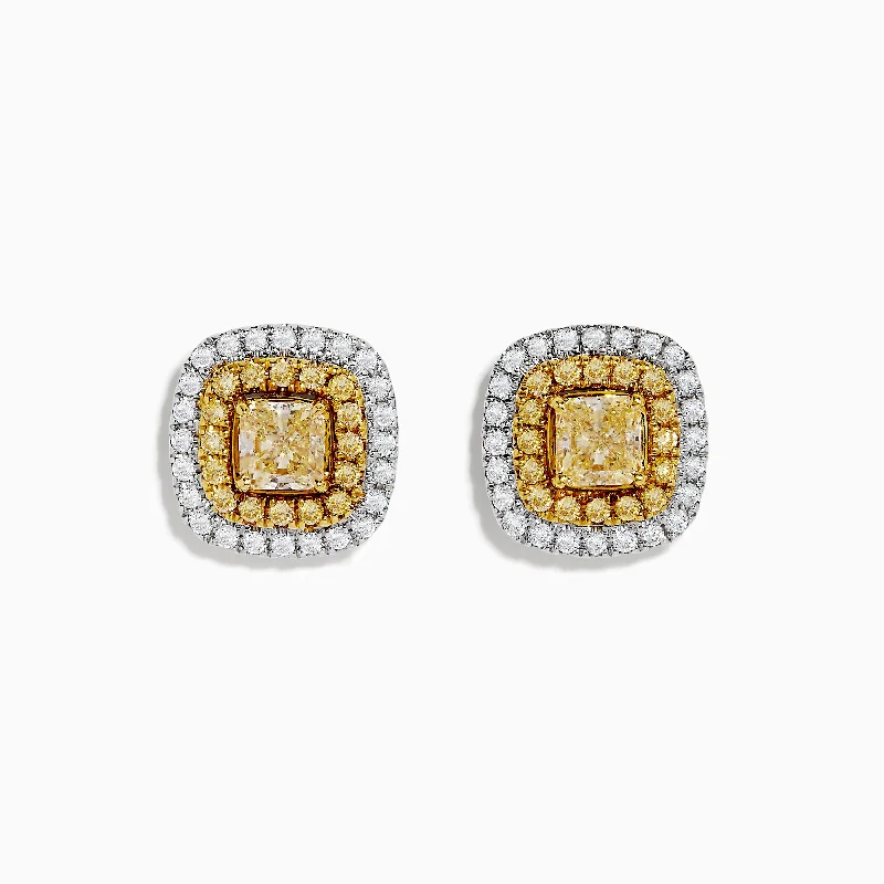 Ladies Earrings with Mint Serpentine-Canare 14k Two Tone Gold Cushion Halo Yellow Diamond Statement Stud Earrings 2.34 TCW