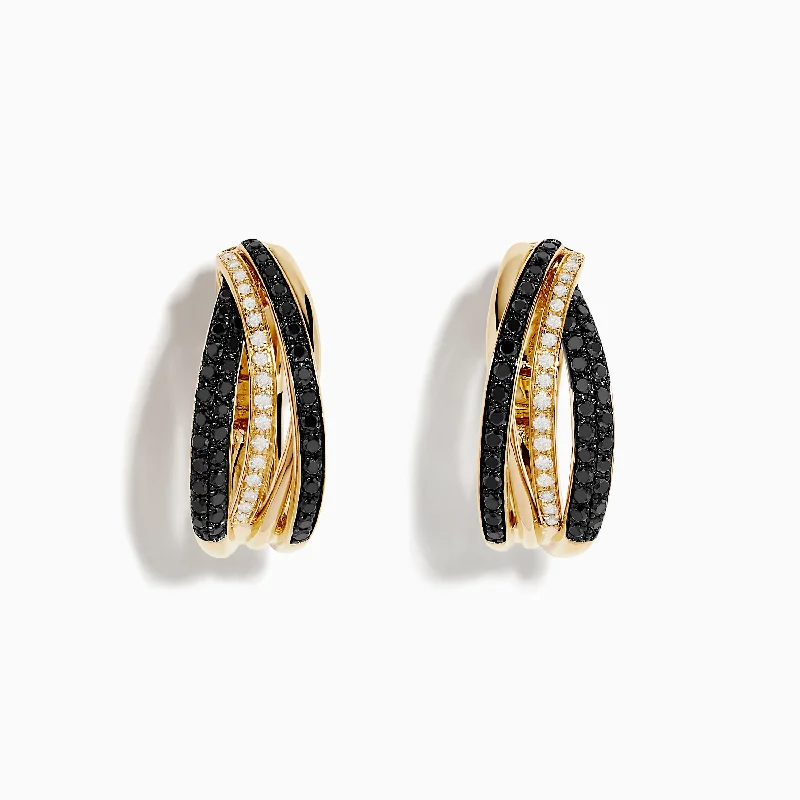 Ladies Earrings with Bold Gems-14K Yellow Gold Black and White Diamond Earrings