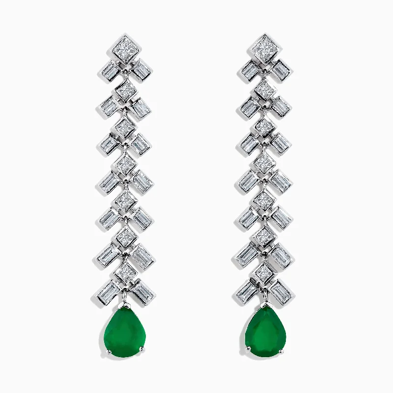 Ladies Earrings with Triangle Shine-Brasilica 14K White Gold Emerald and Diamond Drop Earrings