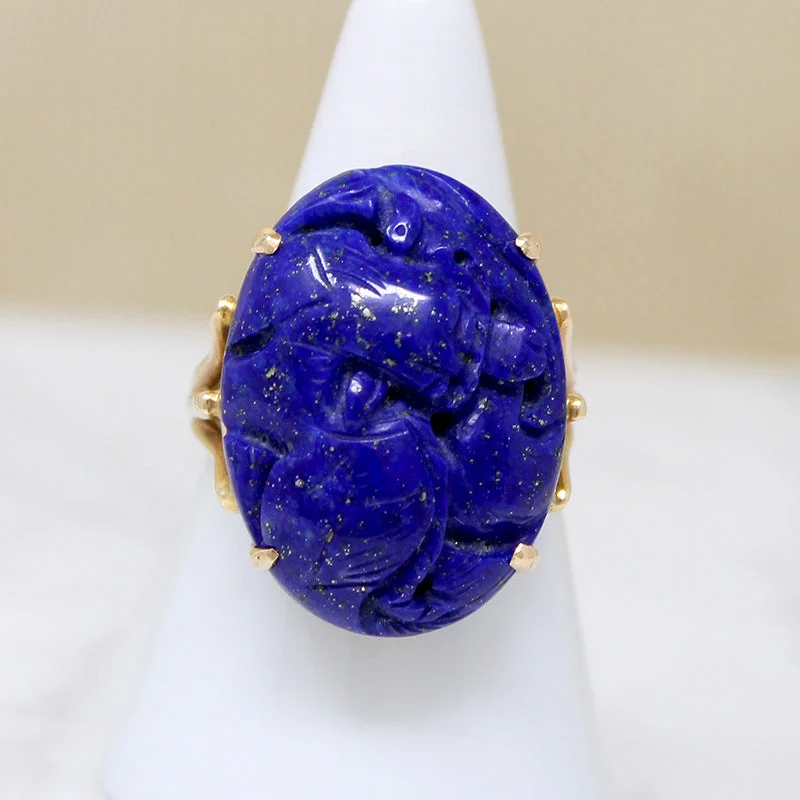 Ladies Sterling Silver Rings -Striking Carved Lapis in Gold Cocktail Ring