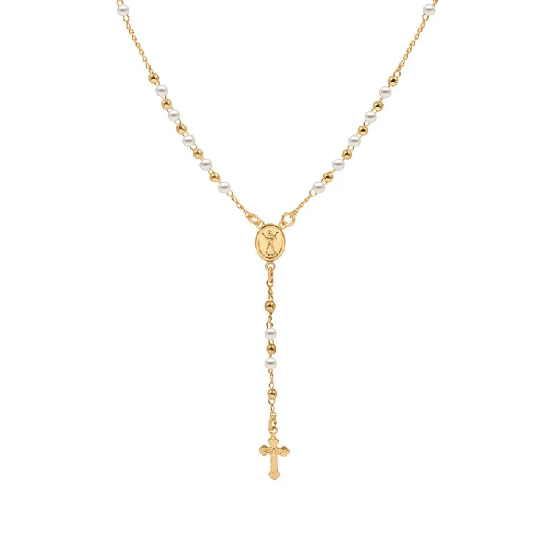 Ladies Necklaces with Pink Vivianite-THE GOLDEN PEARL ROSARY NECKLACE