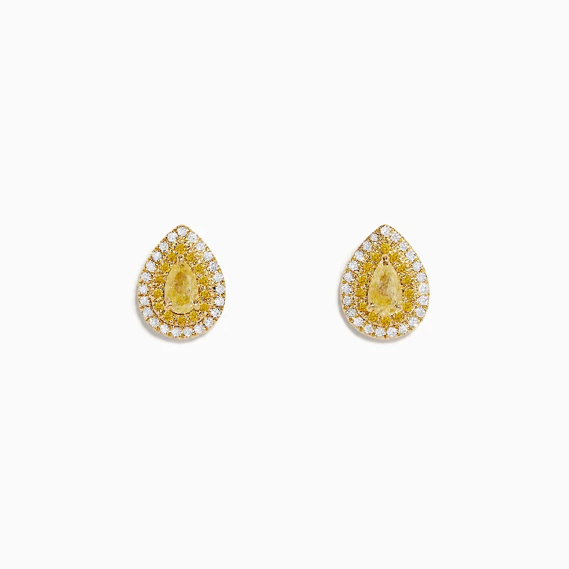 Ladies Earrings Curved Shine-14K Yellow Gold White and Yellow Diamond Pear Stud Earrings