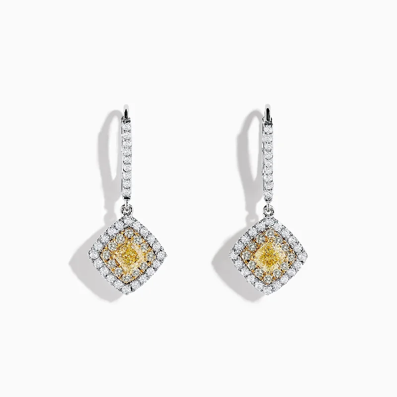 Ladies Earrings Simple Chic-Canare 18K Two-Tone Gold Cushion Shaped Double Halo Yellow Diamond Drop Earrings