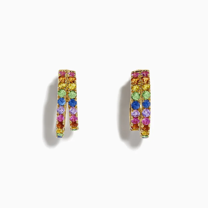 Ladies Earrings for Beach Spark-Watercolor 14k Yellow Gold Multi Sapphire Huggie Earrings