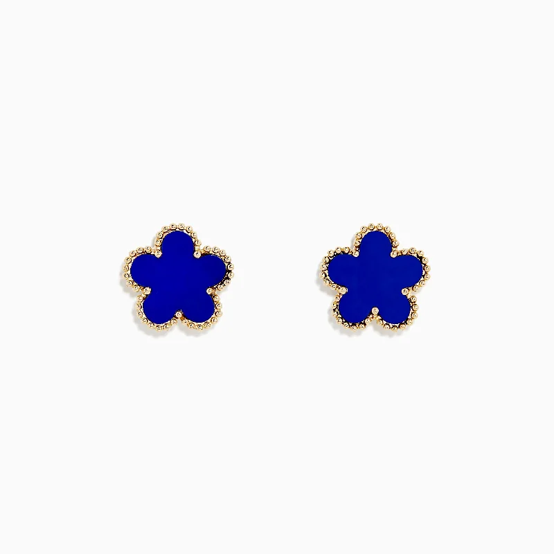 Ladies Earrings for Aunt Spark-Novelty 14K Yellow Gold Lapis Flower Stud Earrings