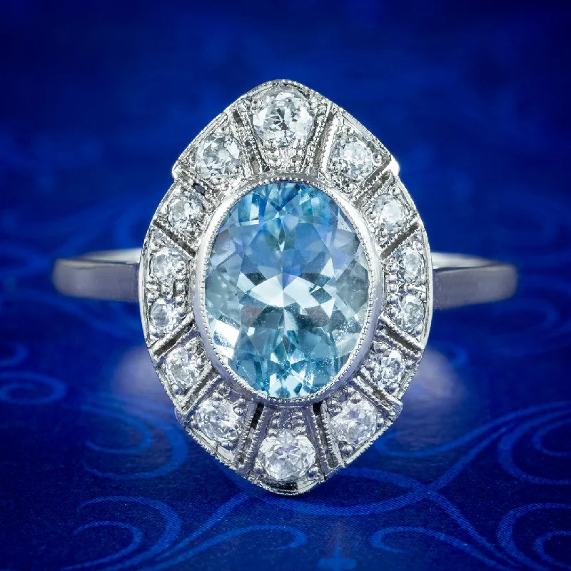 Ladies Emerald Rings -Art Deco Style Aquamarine Diamond Cluster Ring 1.5ct Aqua