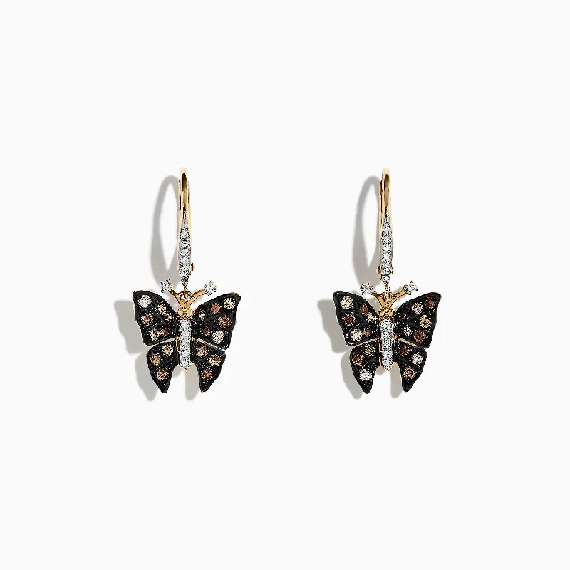 Ladies Earrings with Cross Glow-Nature 14K Yellow Gold Espresso & White Diamond Butterfly Earrings, 0.57 TCW