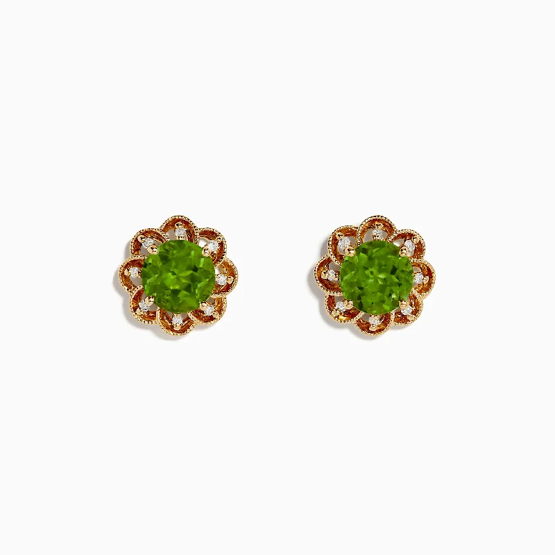 Ladies Earrings with Grey Lawsonite-14K Yellow Gold Peridot and Diamond Earrings