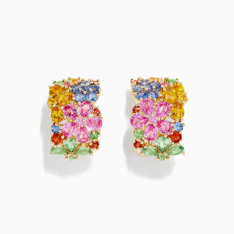 Ladies Earrings for Design Glow-14K Yellow Gold Multi Sapphire Flower Earrings, 7.31 TCW