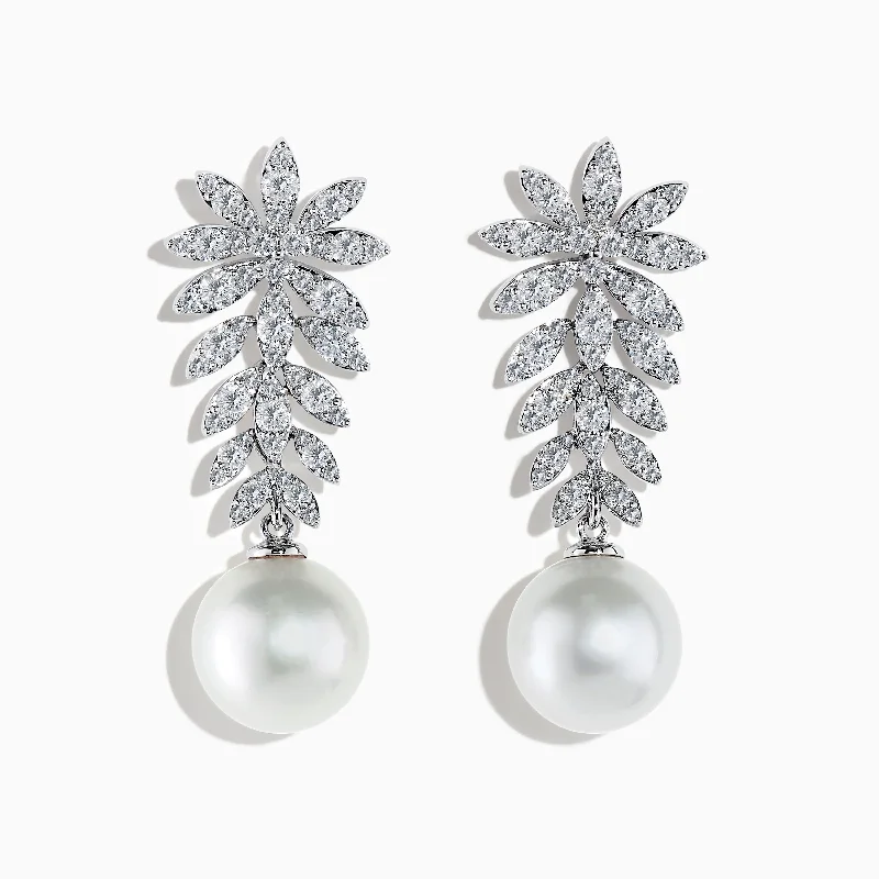 Ladies Earrings Fresh Trends-18K White Gold Diamond and Pearl Earrings