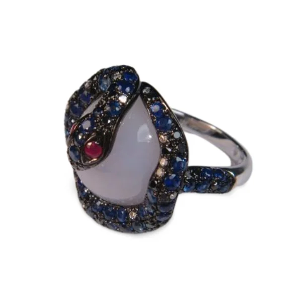 Ladies Luxury Rings -Unique 14K White Gold Chalcedony Quartz Sapphire Ruby Diamond Snake Ring Band