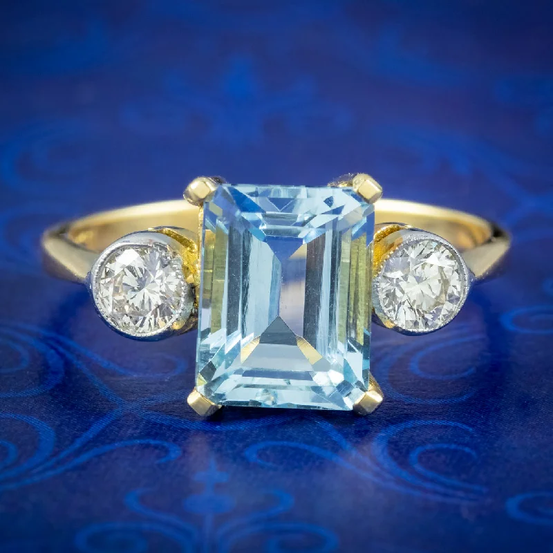 Ladies Platinum Rings -Art Deco Style Aquamarine Diamond Trilogy Ring 2.85ct Aqua