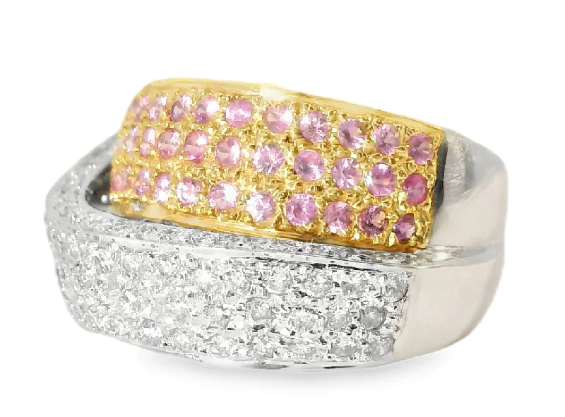 Ladies Desert Rings -Magnificent Estate 18K White Gold Pink Sapphire Pave Diamond Swirl Band Ring