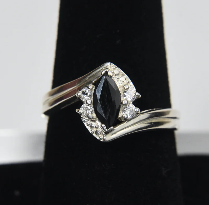 Ladies Elegant Rings -Sterling Silver Ring with Very Dark Blue Sapphire - Size 8