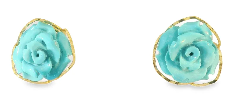 Ladies Earrings Crafted Charm-Gorgeous 18K Yellow Gold Turquoise Floral Flower Carved Earrings