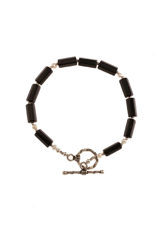 Ladies Hexagon Link Bracelets -Black Onyx & Pearl Bracelet