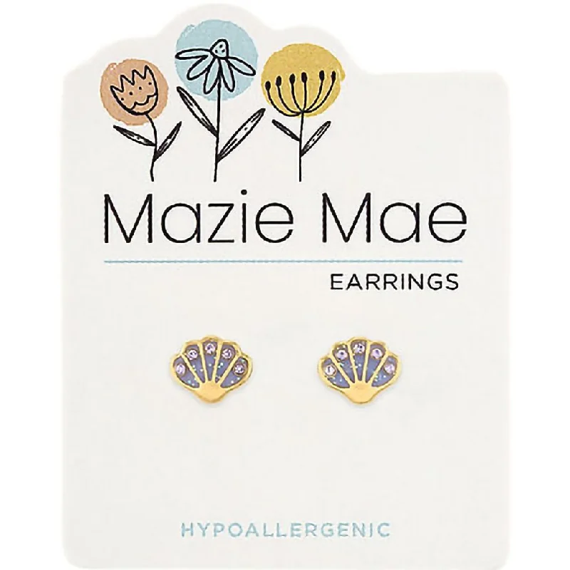 Ladies Earrings Chunky Glow-Center Court : Gold Purple Seashell Mazie Mae Earrings