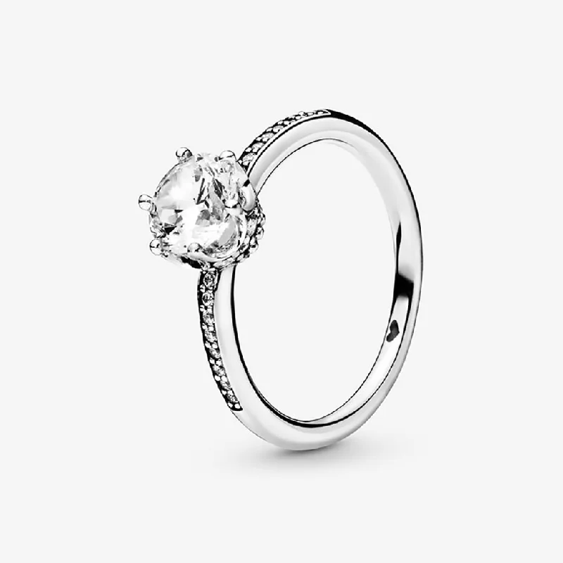 Ladies 925 Silver Rings -PANDORA : Clear Sparkling Crown Solitaire Ring