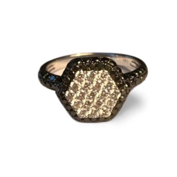 Ladies Onyx Rings -Gorgeous Modern 18K White Gold Black Diamond Hexagon Band Ring