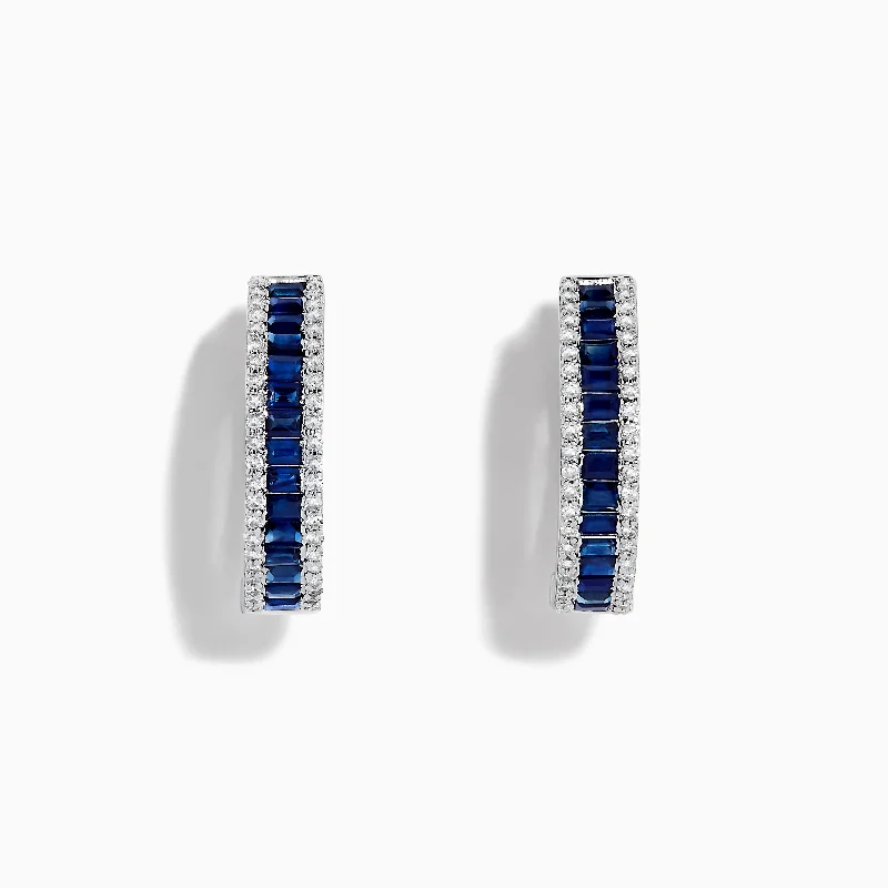 Ladies Earrings for Artist Shine-Royale Bleu 14K White Gold Blue Sapphire and Diamond Hoop Earrings