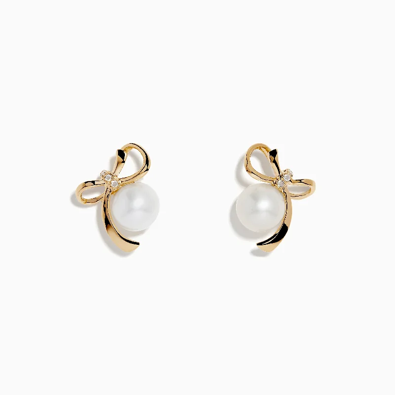 Ladies Earrings with Yellow Herderite-14K Yellow Gold Diamond Fresh Water Pearl Earrings