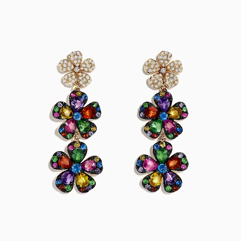 Ladies Earrings with Spiral Glow-Watercolors 14K Yellow Gold Multi Sapphire Flower Earrings