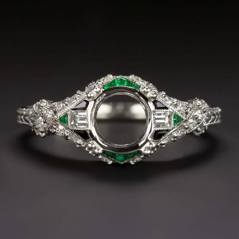 Ladies Engagement Rings Vintage Spark-EMERALD DIAMOND 6.5mm 7mm ROUND ENGAGEMENT RING SETTING VINTAGE STYLE ART DECO