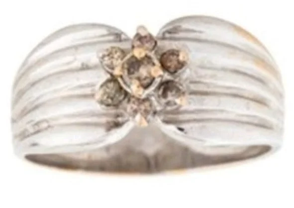 Ladies Evening Rings -Lovely Estate 14K White Gold Champagne Diamond Floral Flower Pinky Band Ring