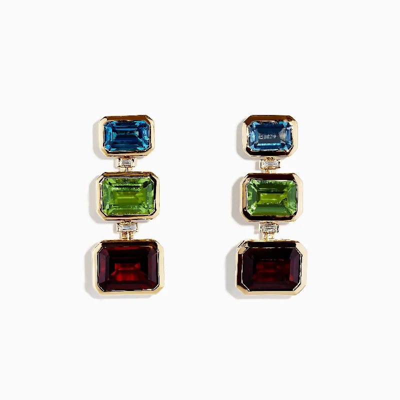 Ladies Earrings with Blue Dumortierite-Mosaic 14K Yellow Gold Blue Topaz, Garnet, Peridot & Diamond Earrings