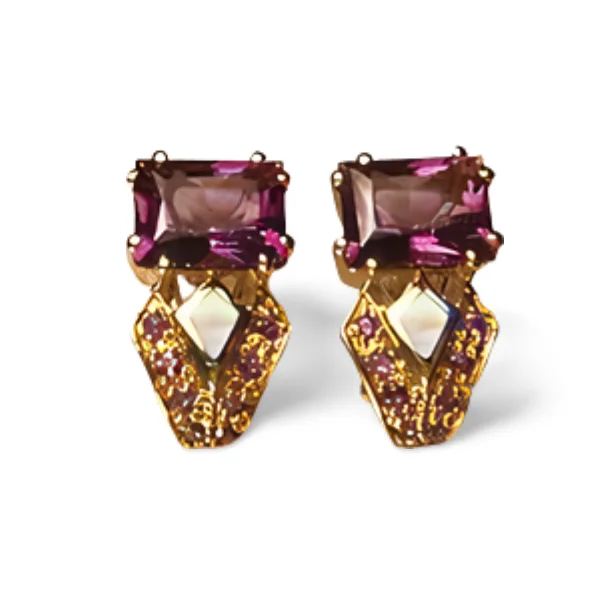 Ladies Earrings with Crystal Drops-Gorgeous 14K Yellow Gold Amethyst MOP Mabe Inlaid Earrings